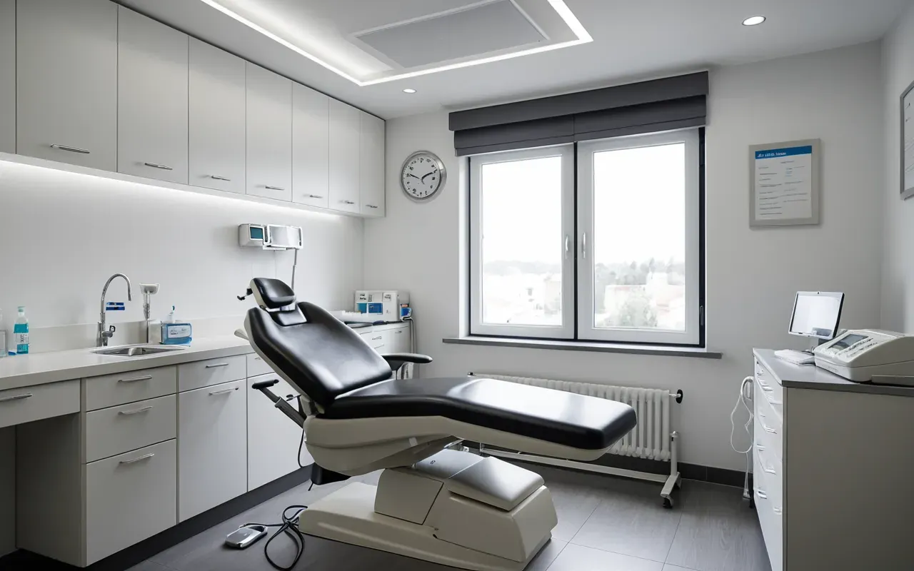 A modern dental clinic room with a dentist consulting with a patient about treatment options under soft white lighting.