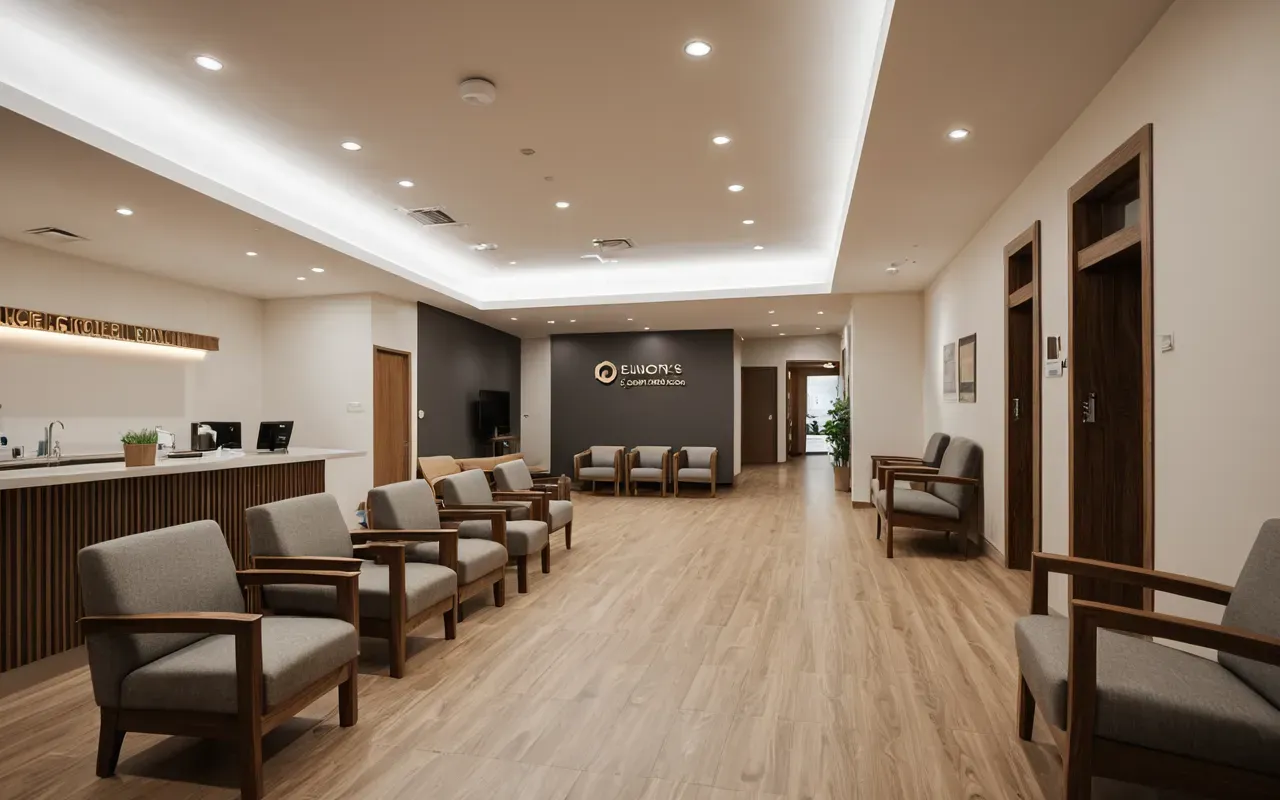 A modern dental clinic waiting area with warm wooden furniture, soft ambient lighting, and comfortable armchairs creating a welcoming atmosphere for patients.