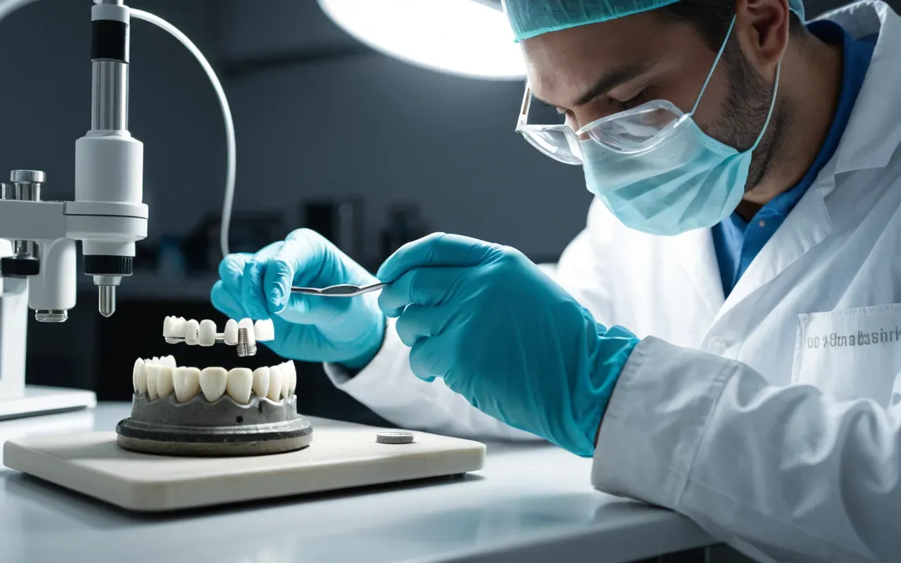 A modern dental laboratory scene with a technician in white protective gear carefully inspecting a small ceramic tooth crown under bright magnifying light, focusing on precision and quality control.