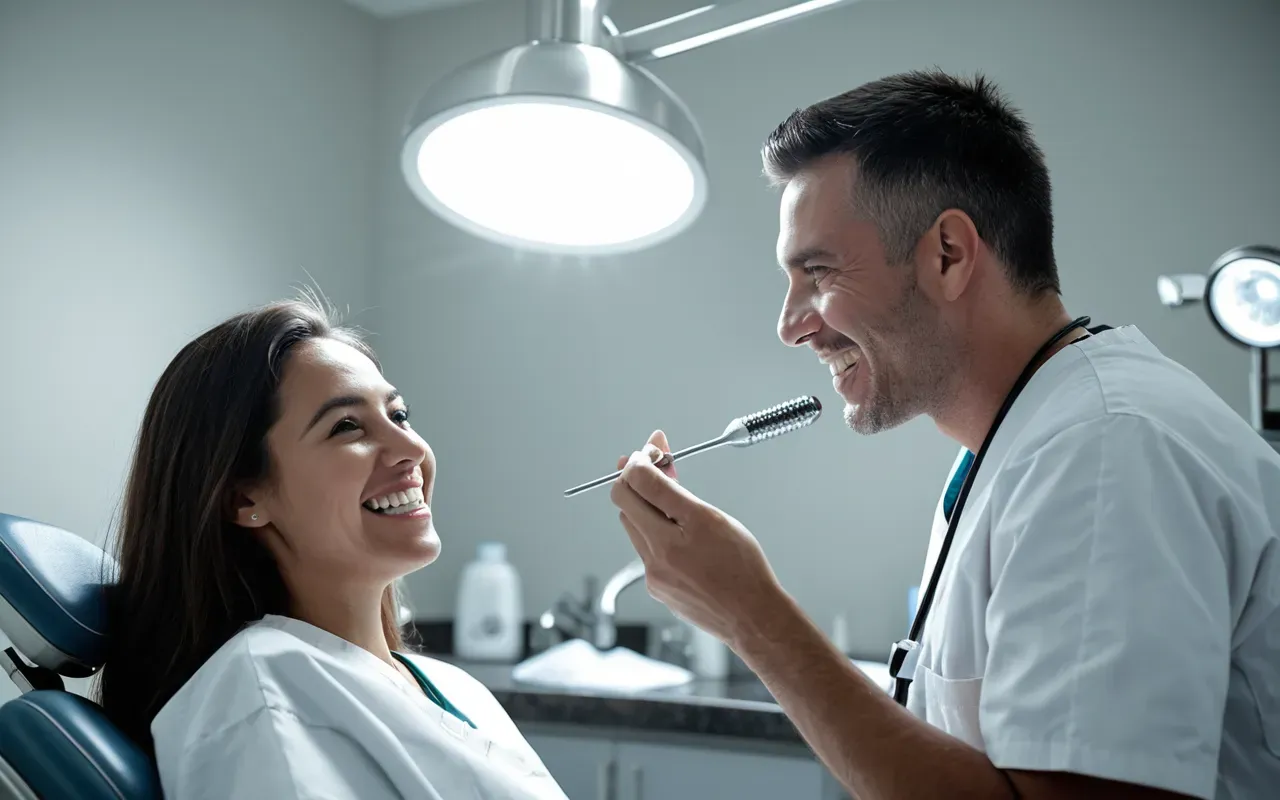 A patient sitting in a modern dental chair smiling while a dentist in white scrubs examines their teeth with a small mirror under bright clinical lighting.