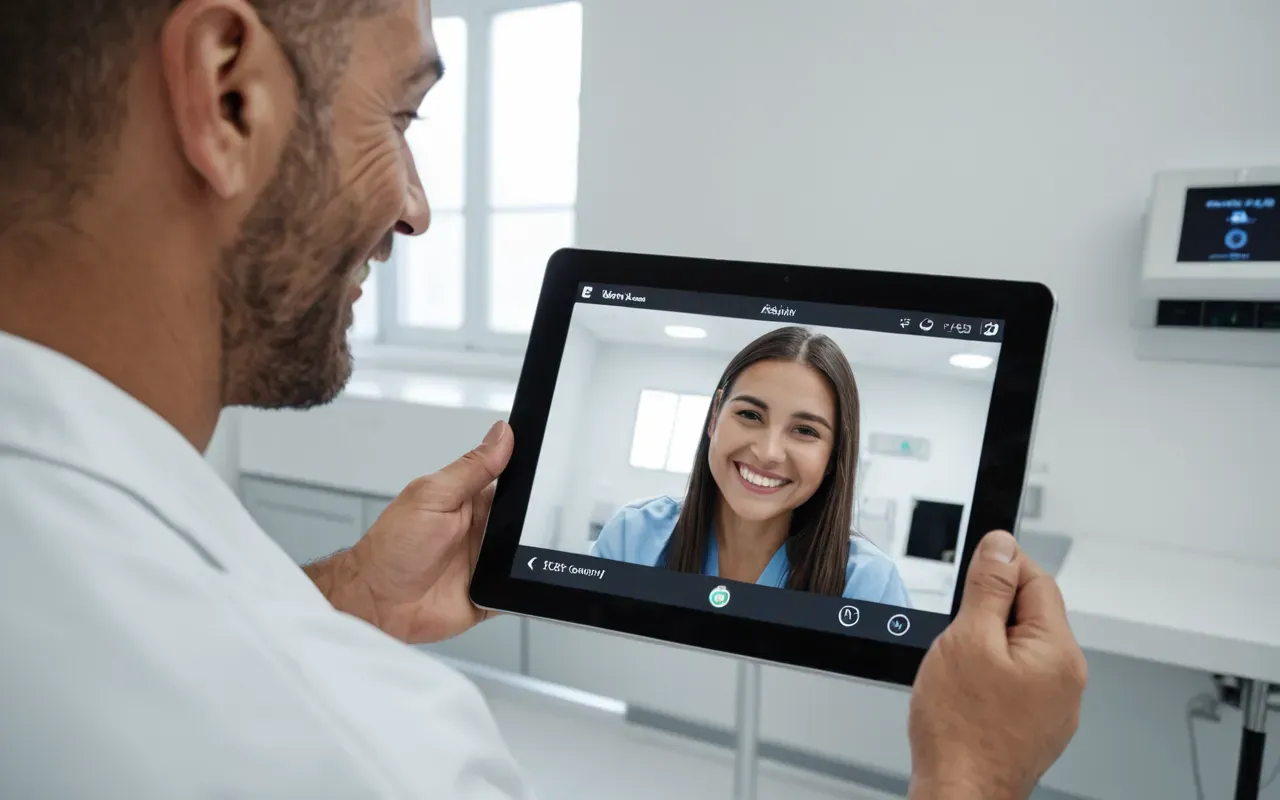 A patient smiling at the dentist while looking at a tablet screen showing their new smile design in a modern clinic with soft lighting and white walls.