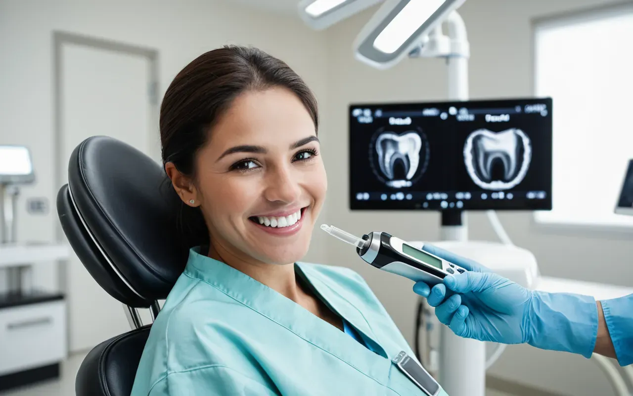 A patient smiling confidently in a modern dental chair. The dentist is wearing gloves and holding a digital intraoral scanner. The background shows a clean clinical environment with soft lighting.