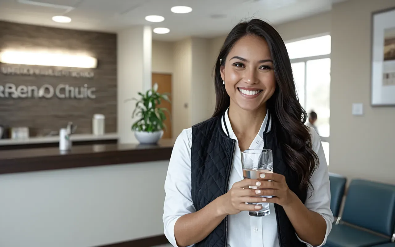 diş estetiği sonuçları A patient smiling confidently while holding a glass of water in a bright modern dental clinic waiting area with comfortable seating and neutral decor.