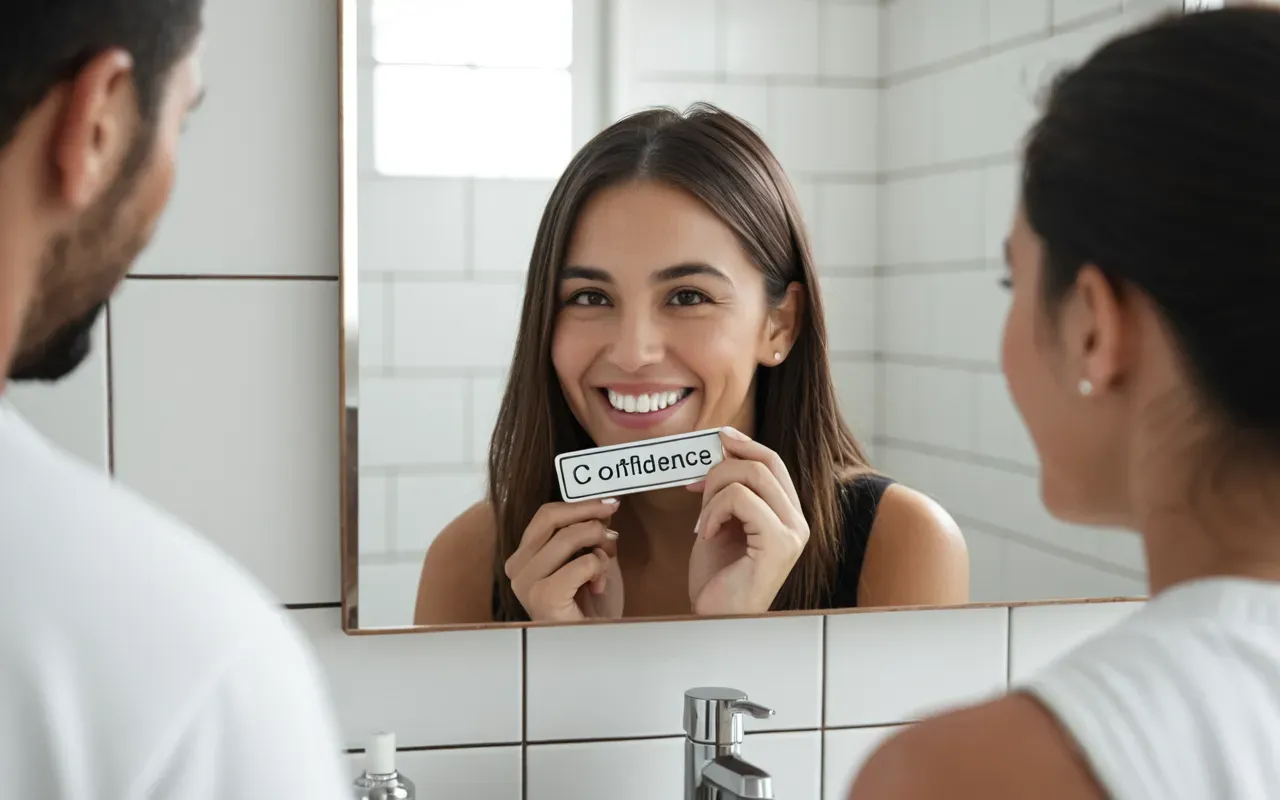 A person holding a small mirror and smiling at their reflection in a bright bathroom setting, showing confidence and satisfaction with their dental treatment result.