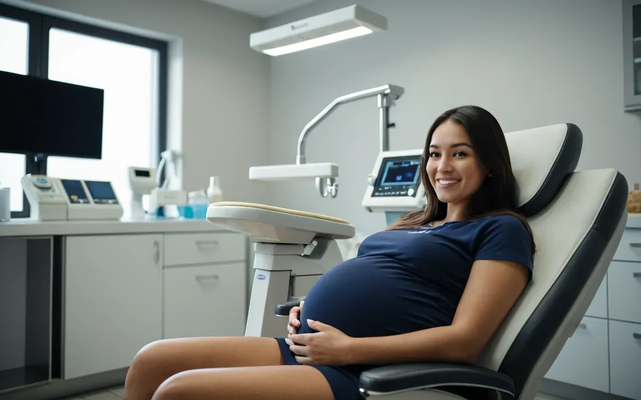 hamile diş hekimi ziyareti A pregnant woman sitting comfortably in a modern dental chair with soft lighting and calm atmosphere.