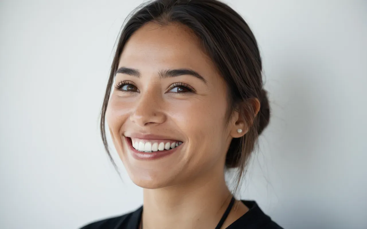 estetik gülüş örneği A side profile of a person smiling confidently with perfectly aligned white teeth in front of a plain bright background.