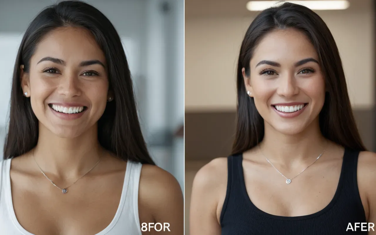 diş beyazlatma A split view showing a before and after comparison of teeth whitening results in a clean clinical environment with soft natural lighting and no visible text or branding elements.