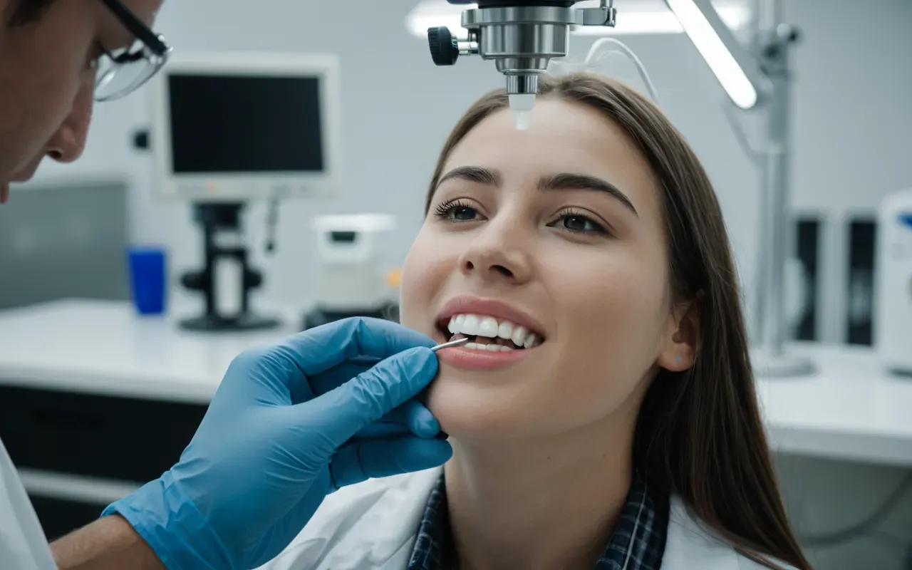 dental teknoloji A student in a laboratory setting practicing dental techniques on a mannequin head with bright overhead lights and modern equipment.