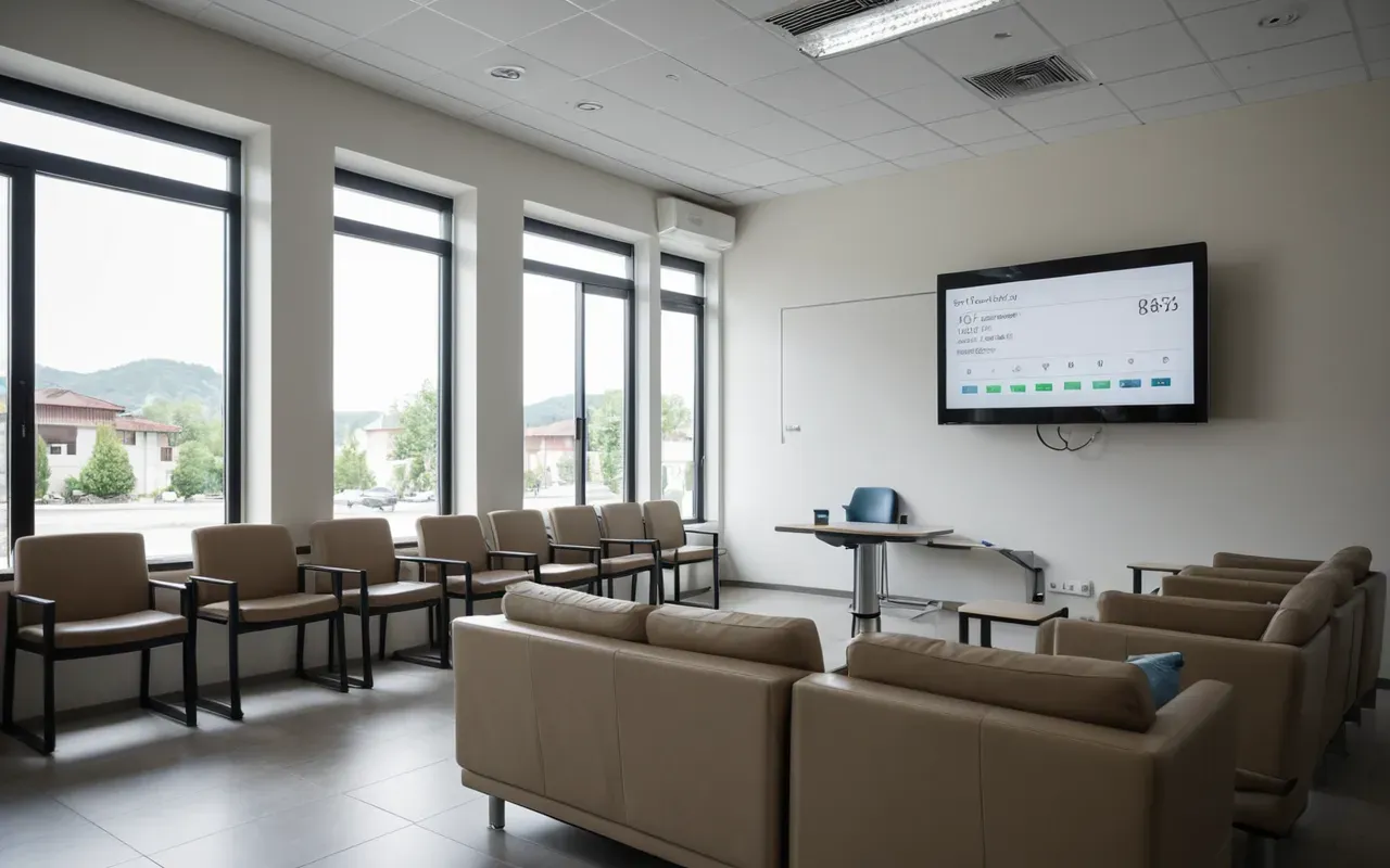 modern diş kliniği iç mekanı A wide shot of a modern dental clinic waiting area with comfortable chairs and large windows letting in natural daylight. A digital display screen shows abstract geometric patterns related to tooth structure without any text.