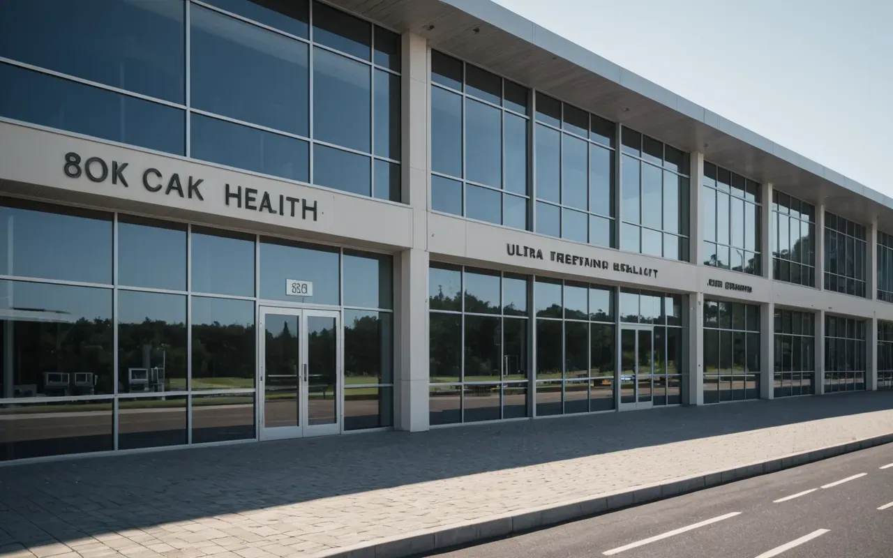 yeni diş polikliniği A wide shot of a modern health facility building exterior during the daytime. The architecture is sleek and contemporary with large glass windows reflecting the blue sky. Trees line the entrance path leading to the main doors.