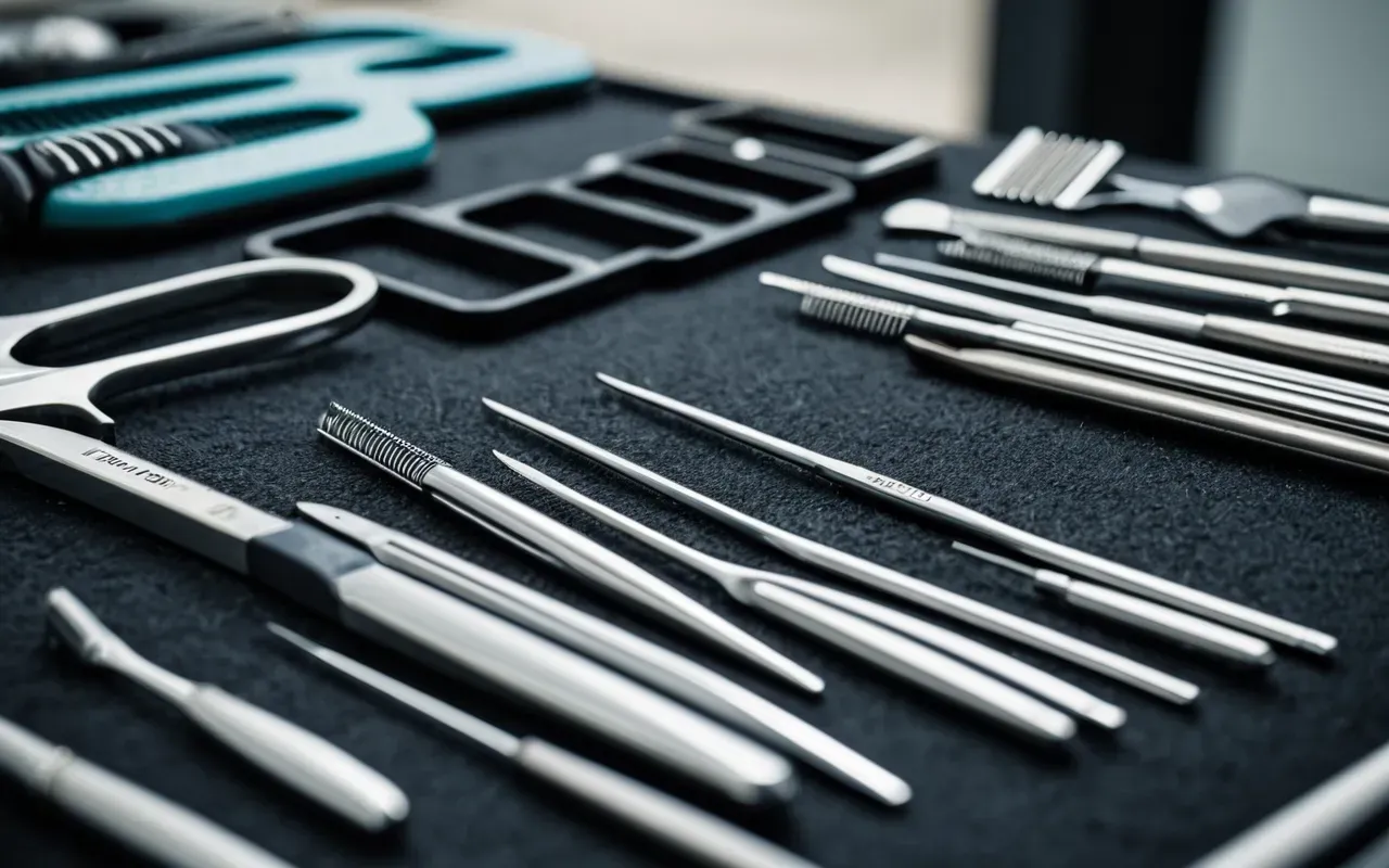 Abstract close up of modern dental tools and instruments arranged neatly on a sterile field with soft lighting, professional medical photography