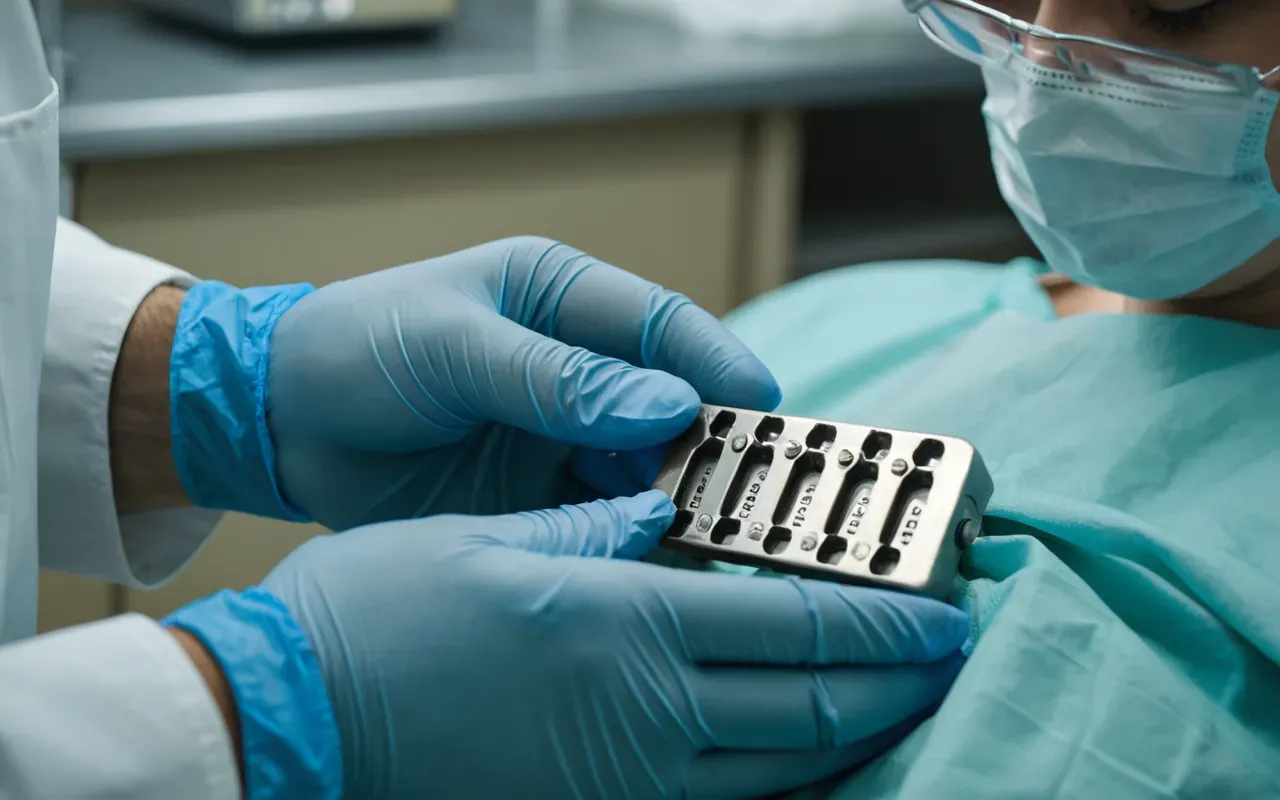 Close-up of a dentist's hands placing ceramic brackets on the back surface of teeth using precision dental instruments in a sterile operating room.