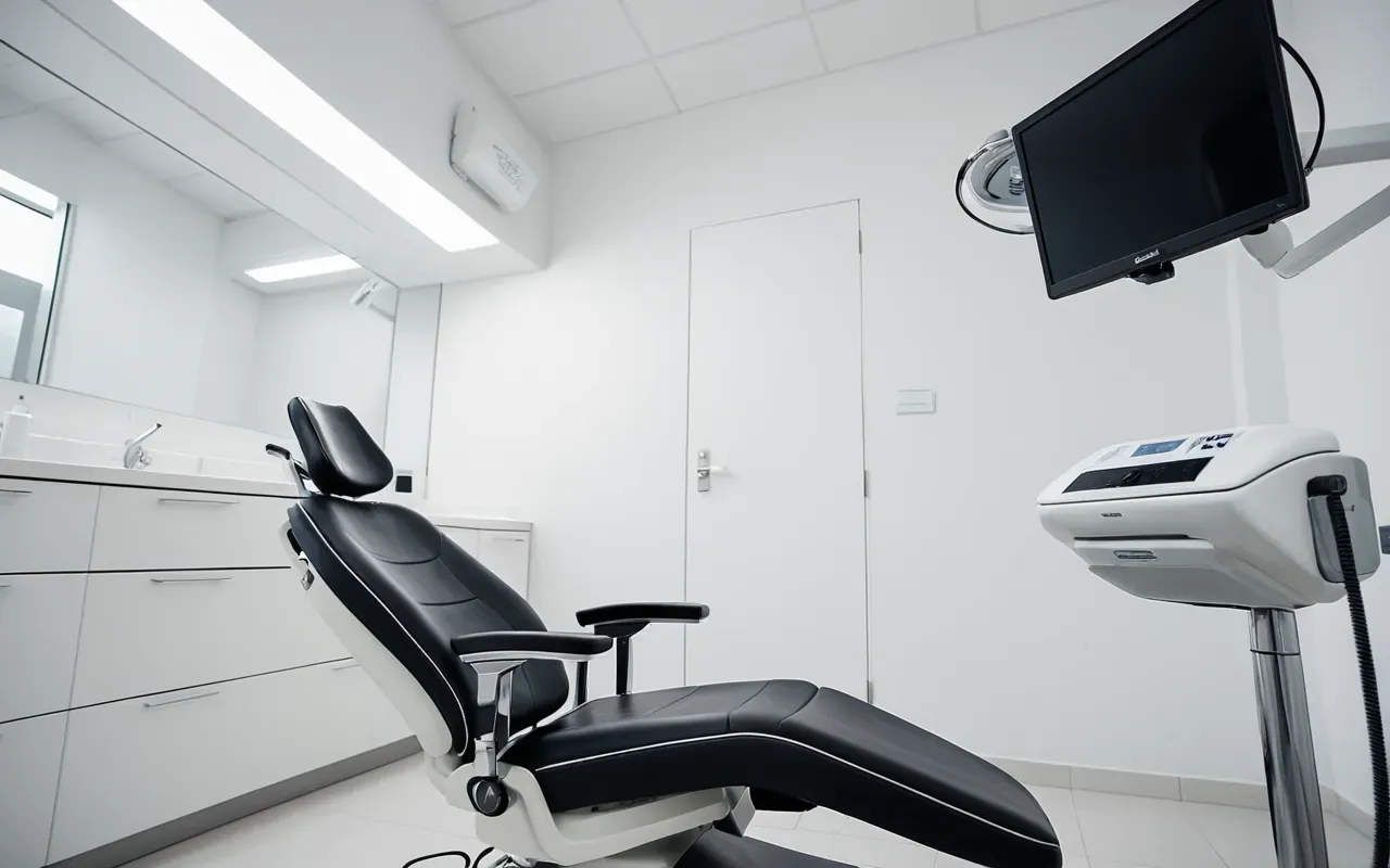 diş kliniği iç mekanı Close-up of a modern dental chair in a bright minimalist clinic with soft natural lighting and clean white surfaces