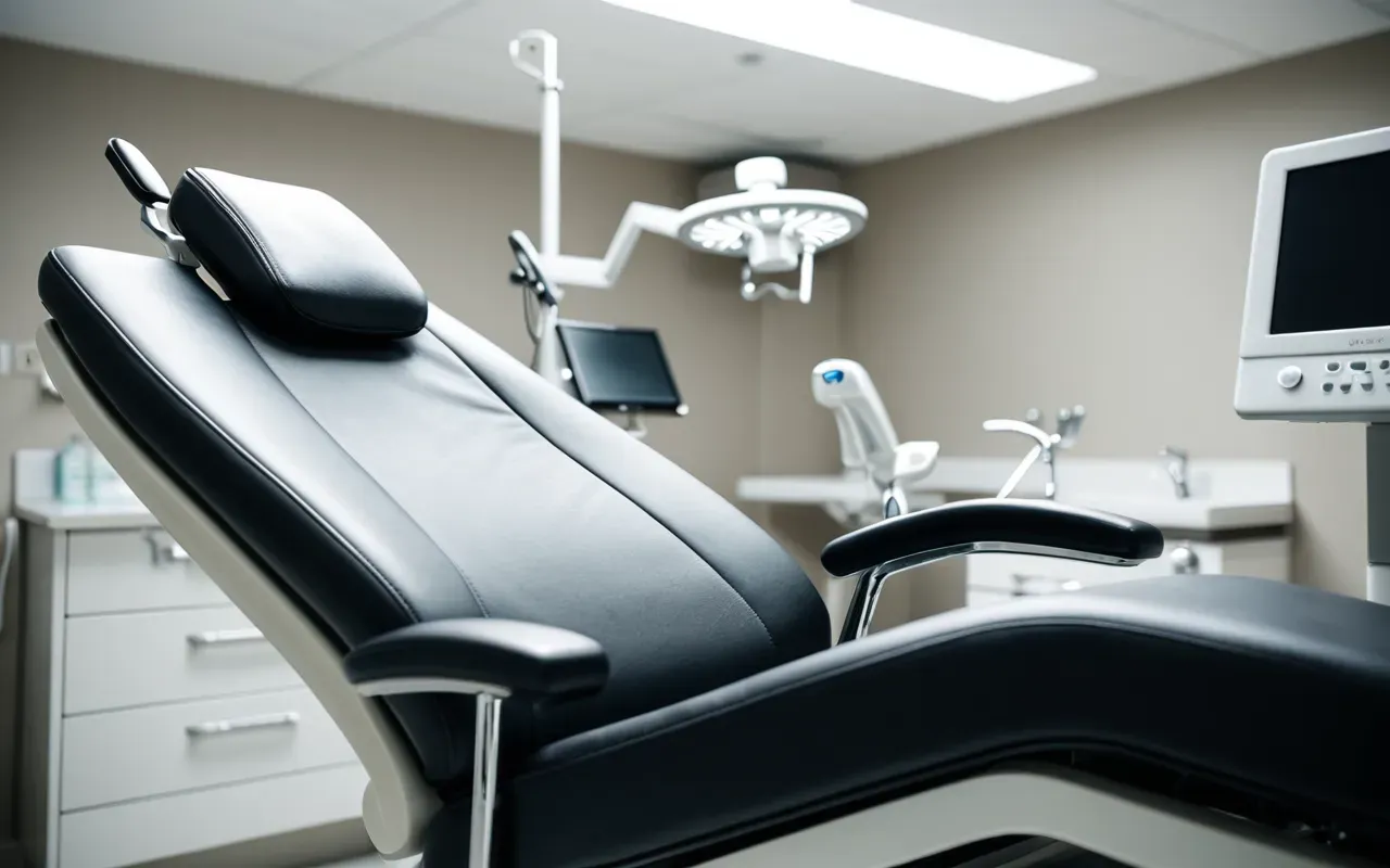 Close-up of a modern dental chair with adjustable headrest and soft ambient lighting in a clean clinical environment, shallow depth of field focused on the equipment details without any visible text or branding.