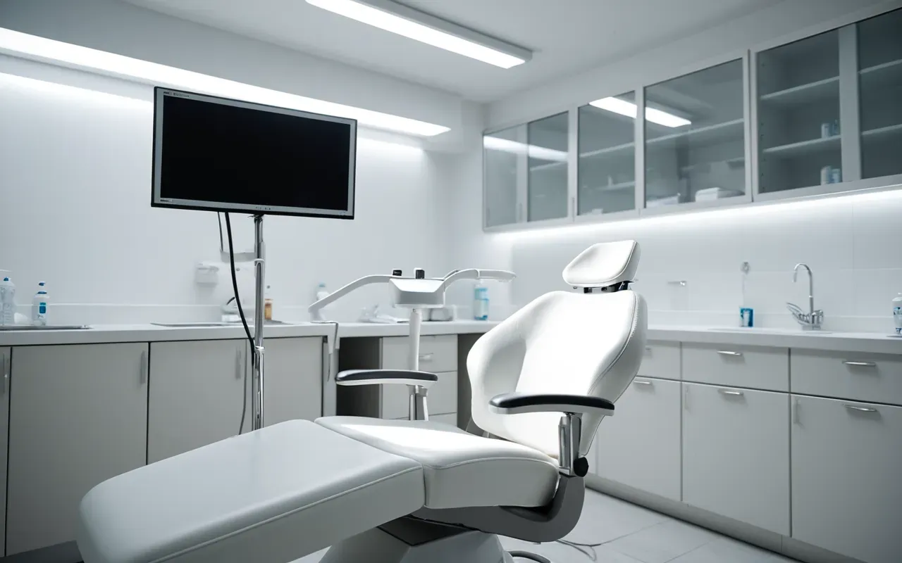 Close-up of a modern dental examination chair in a pristine white clinic room with soft ambient lighting highlighting the clean professional environment without any visible text or branding elements.