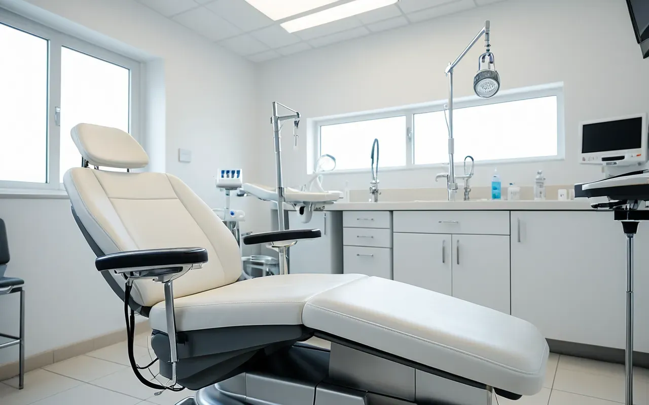 Close-up of a modern dental treatment chair with clean white upholstery and stainless-steel instruments arranged on a tray in the background, bright clinical lighting.