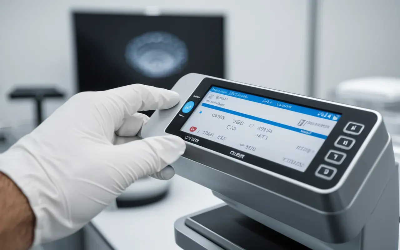 optik tarama cihazı Close up of a modern optical dental scanner wand being held by a hand in a clean white glove. The background is blurred showing a bright clinical environment with soft blue LED lighting.