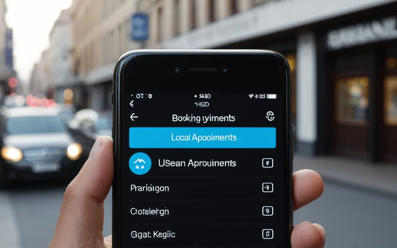 mobil randevu uygulaması arayüzü Close up of a smartphone screen displaying a clean user interface for booking appointments with large buttons and simple navigation icons held in hand against blurred clinic background
