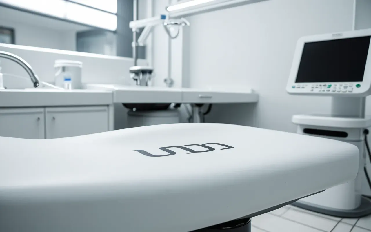 Close-up of modern dental equipment with clean white surfaces and soft ambient lighting in a professional clinical environment, showing advanced technology without any visible text or branding elements in the frame.