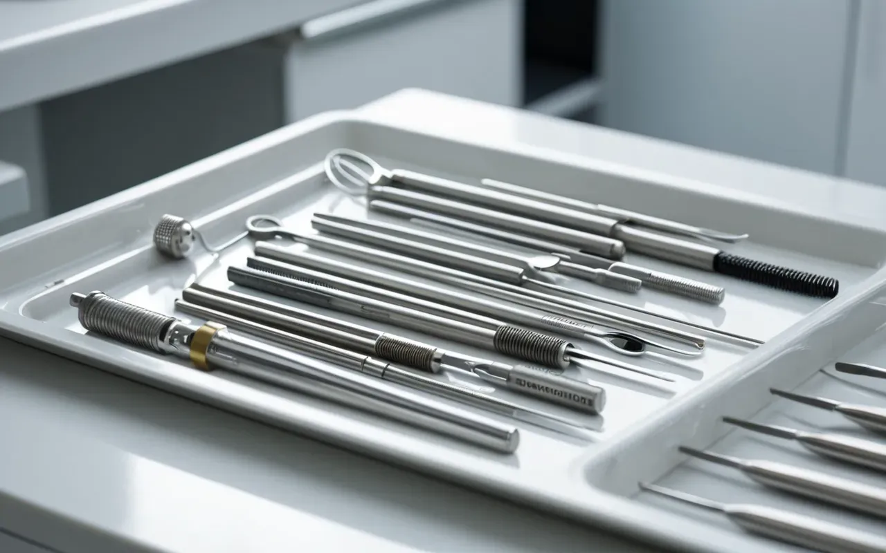 Close-up of sterile dental instruments arranged neatly on a white tray under bright clinical lighting with shallow depth of field