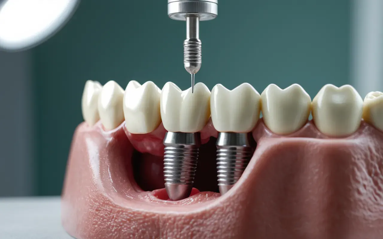 Close-up view of a dental implant placed inside a jaw model under bright clinical lighting with surgical tools nearby.