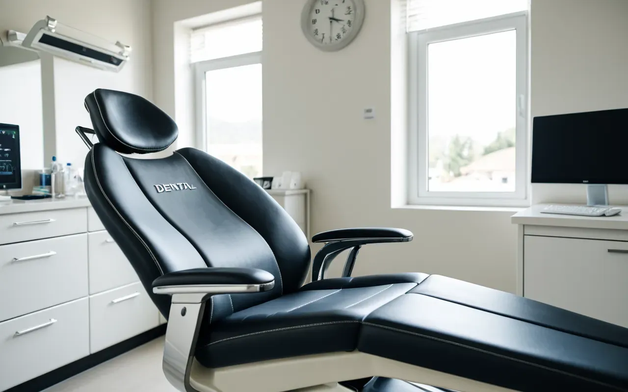 Close up view of a modern dental chair with clean upholstery and ergonomic design in a bright contemporary clinic environment.