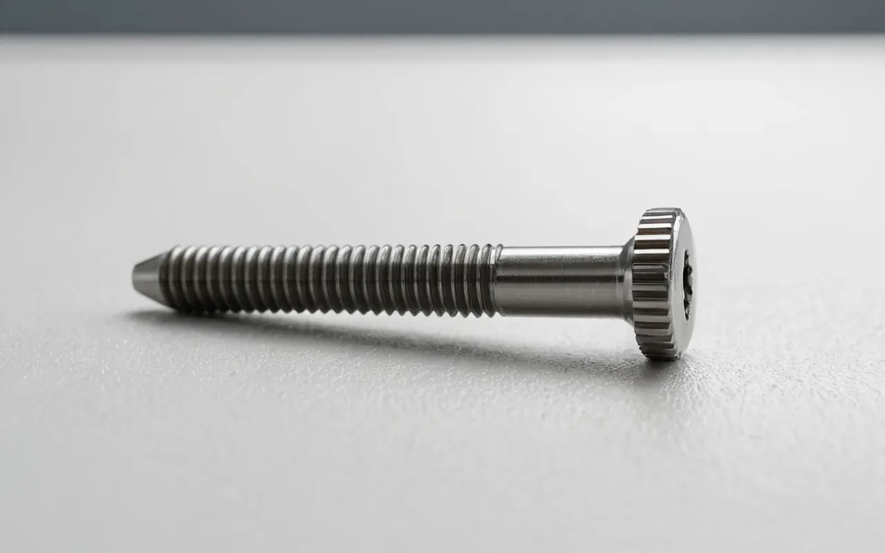 Close up view of a modern dental implant screw and crown model on a clean white surface with soft shadows, professional product photography style