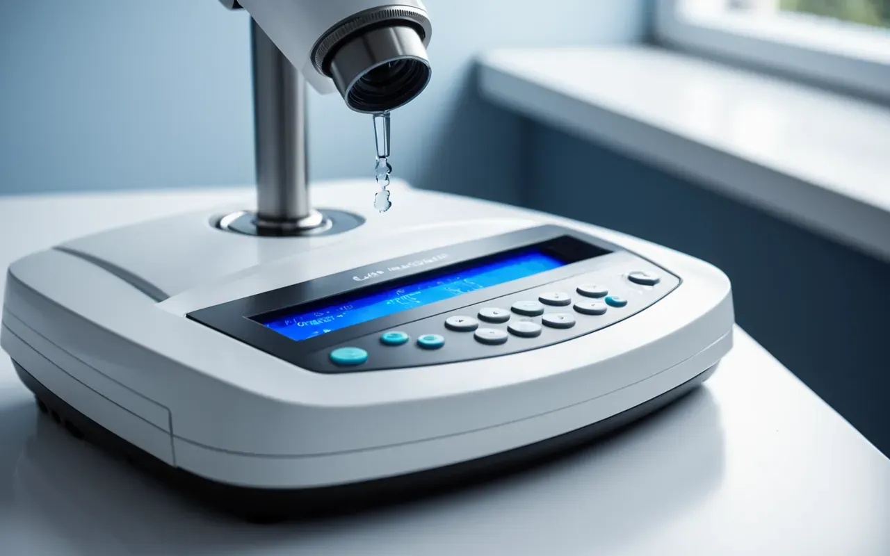 dijital diş tarayıcıları Close up view of a modern digital dental scanner device on a clean white surface with soft blue ambient lighting and blurred background showing a contemporary clinic interior
