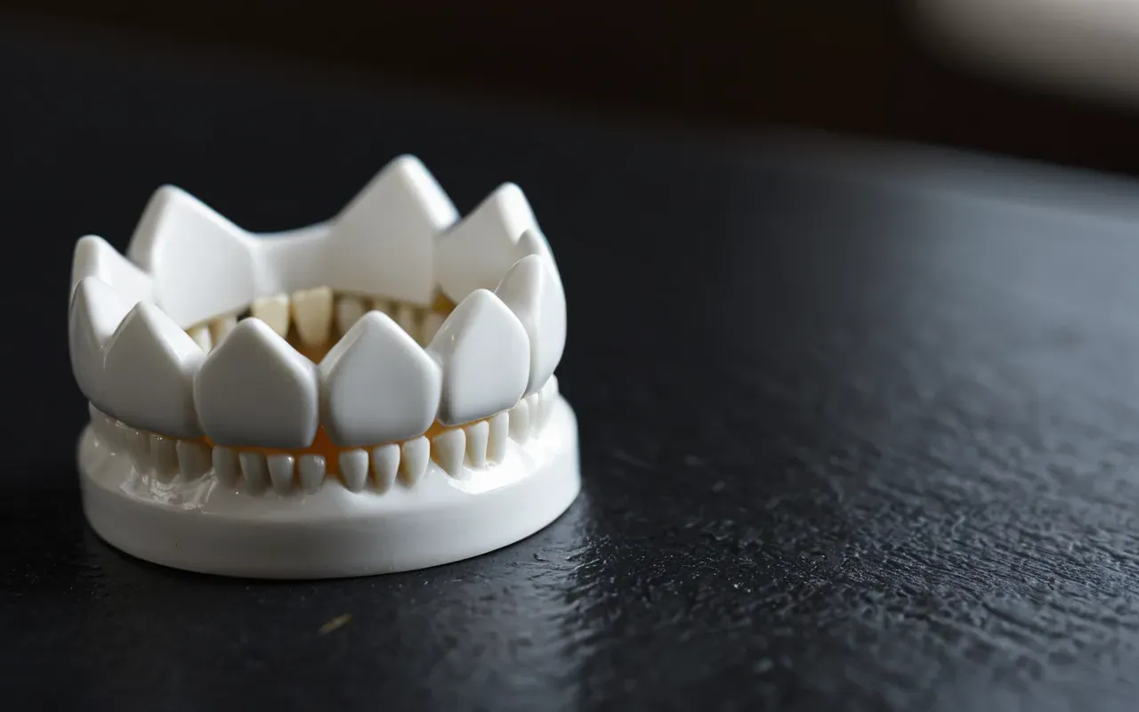 Close up view of a single white ceramic tooth crown placed on a clean dark surface next to natural human teeth for comparison, showing realistic texture and light reflection details.