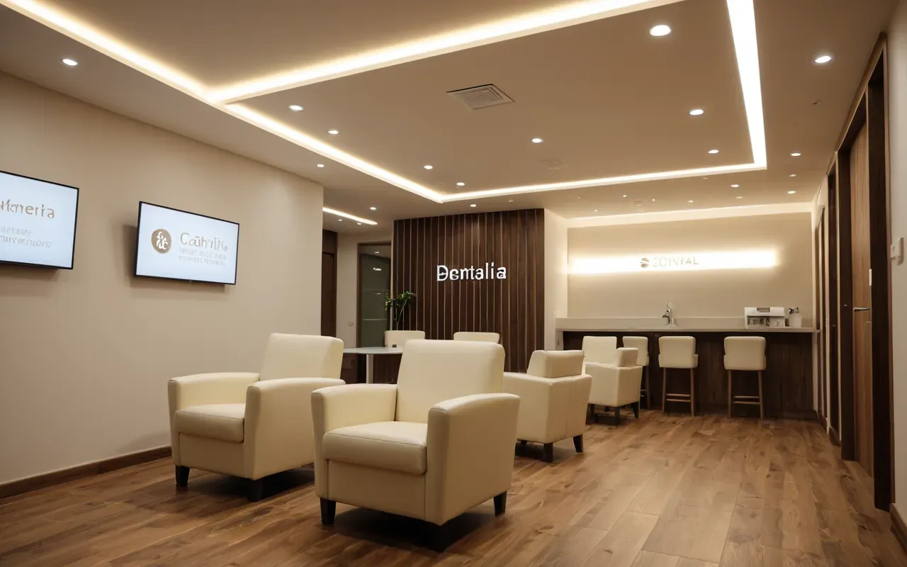 lüks diş kliniği iç mekânı Interior of a luxurious modern dental clinic waiting area with cream leather chairs and warm wooden flooring illuminated by soft recessed ceiling lights creating an elegant atmosphere