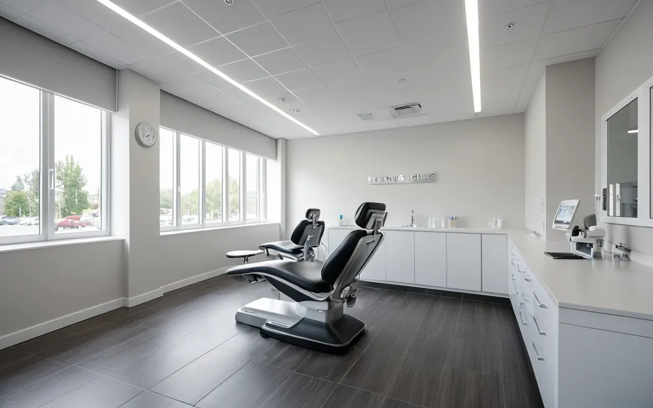 Interior view of a modern dental clinic waiting area with clean white lines and soft natural light coming through large windows, minimal design aesthetic