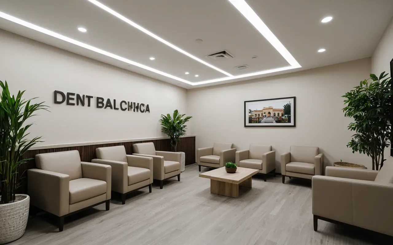 Interior view of a modern dental clinic waiting area with comfortable armchairs in neutral tones, potted plants for greenery, and soft ambient lighting creating a calm atmosphere.
