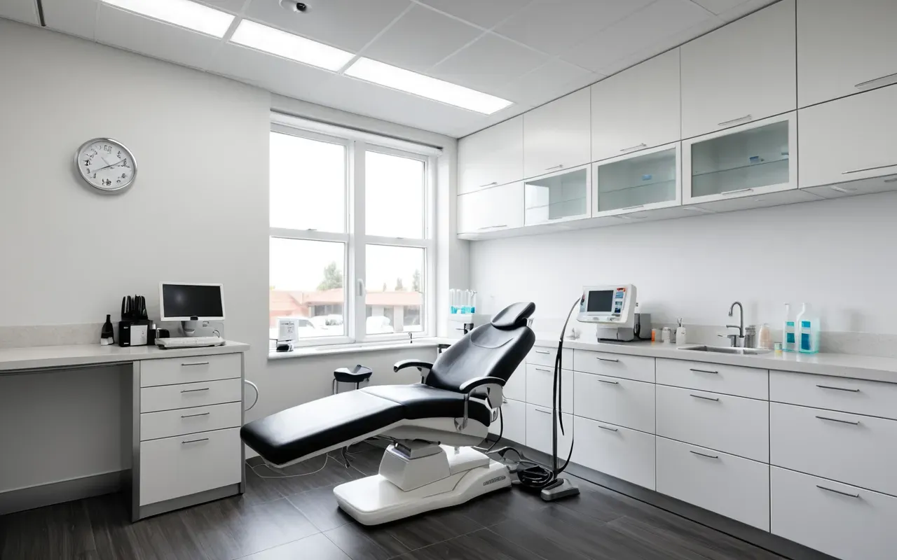 Interior view of a modern medical office with clean white surfaces and soft natural lighting, showing professional dental instruments arranged neatly on stainless-steel trays without any visible text or labels.