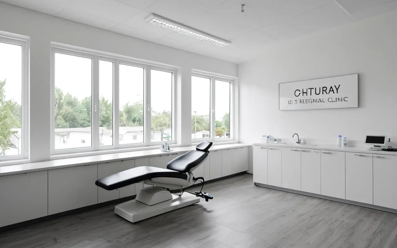 Modern minimalist dental clinic interior with clean white surfaces and soft natural daylight from large windows creating a calm professional atmosphere without any visible text or signage elements in frame.