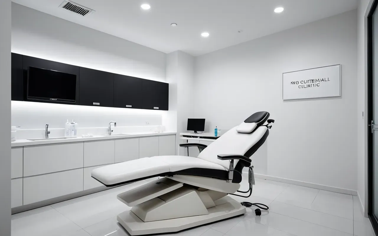 Modern minimalist dental clinic interior with clean white surfaces, soft ambient lighting, and a sleek treatment chair in focus