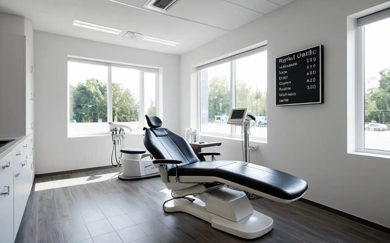 Modern minimalist dental clinic interior with white walls and natural light streaming through large windows, featuring a comfortable patient chair in the center of the room.