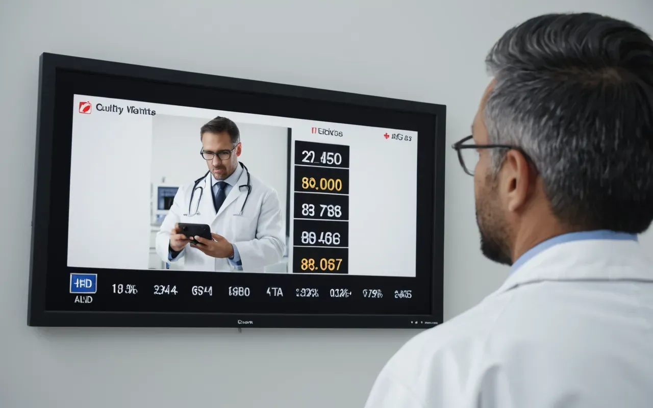 Portrait of a focused dental professional in white coat examining digital screen with soft studio lighting and neutral background