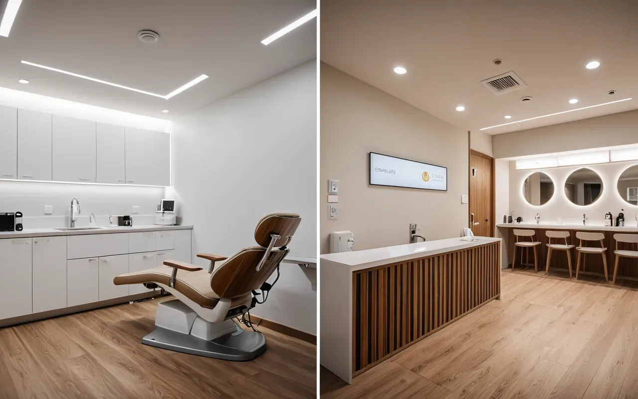 diş tedavisi ortamı karşılaştırması Split view showing two different modern dental treatment rooms one with bright white lighting and minimalist decor the other with warm wood accents and cozy seating arrangement