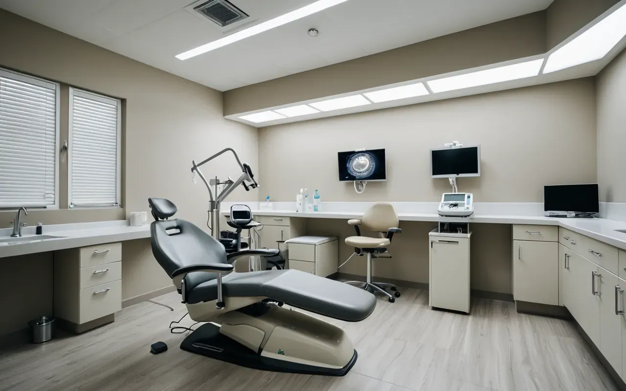 Wide angle shot of a modern dental treatment room with ergonomic chair and advanced equipment, clean clinical environment with neutral color palette
