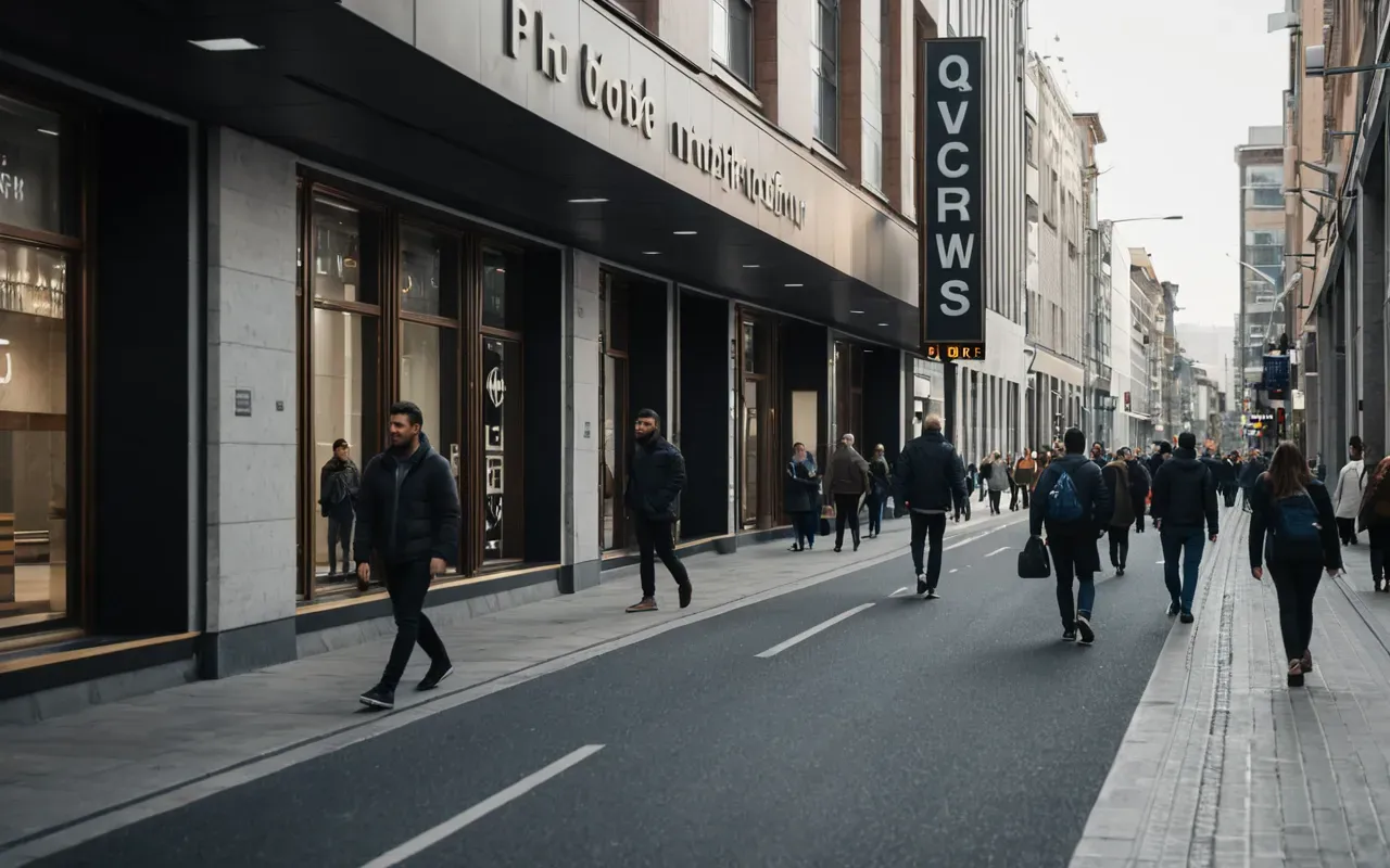 Wide editorial photograph of a modern city street scene with people walking in the background and clean contemporary architecture creating an active urban atmosphere without any visible text or signage elements.