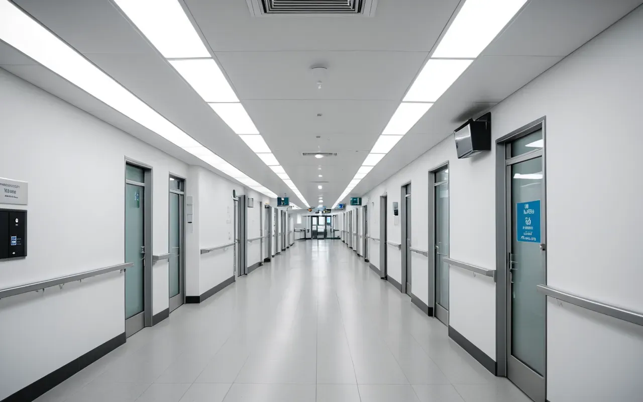 Wide editorial photograph of a modern medical corridor with clean white walls and soft ambient lighting from ceiling fixtures, creating a calm professional atmosphere without any visible text or signage in the frame.