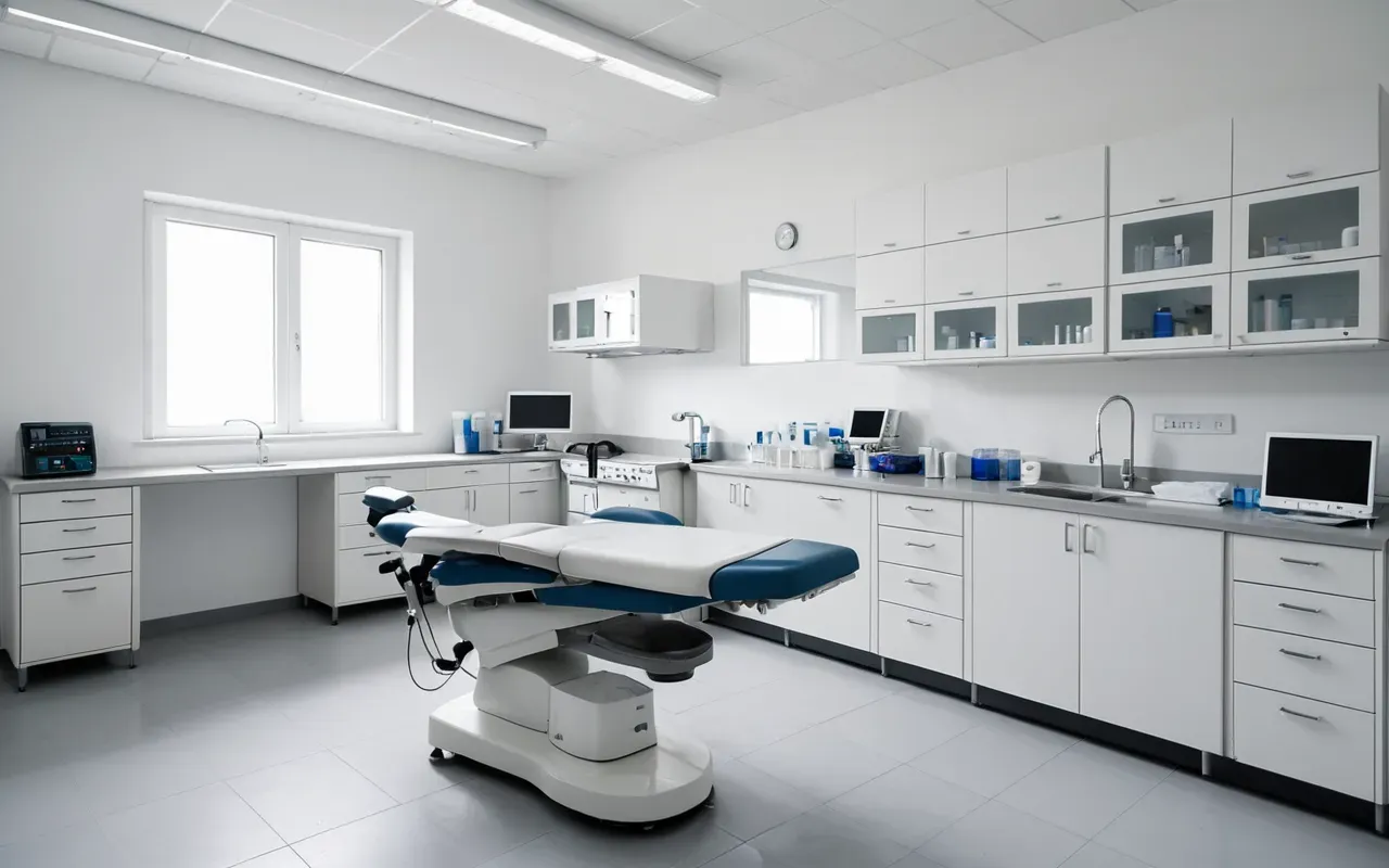 zirkonyum kaplama laboratuvarı Wide shot of a modern dental laboratory with ceramic discs and precision equipment in clean white rooms, professional photography