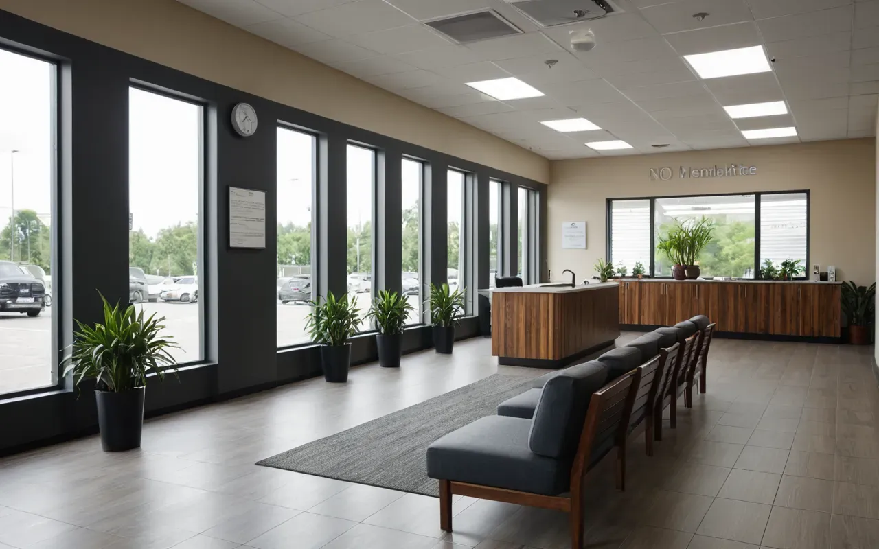Wide shot of a modern dental waiting area with comfortable seating plants and natural light streaming through large windows