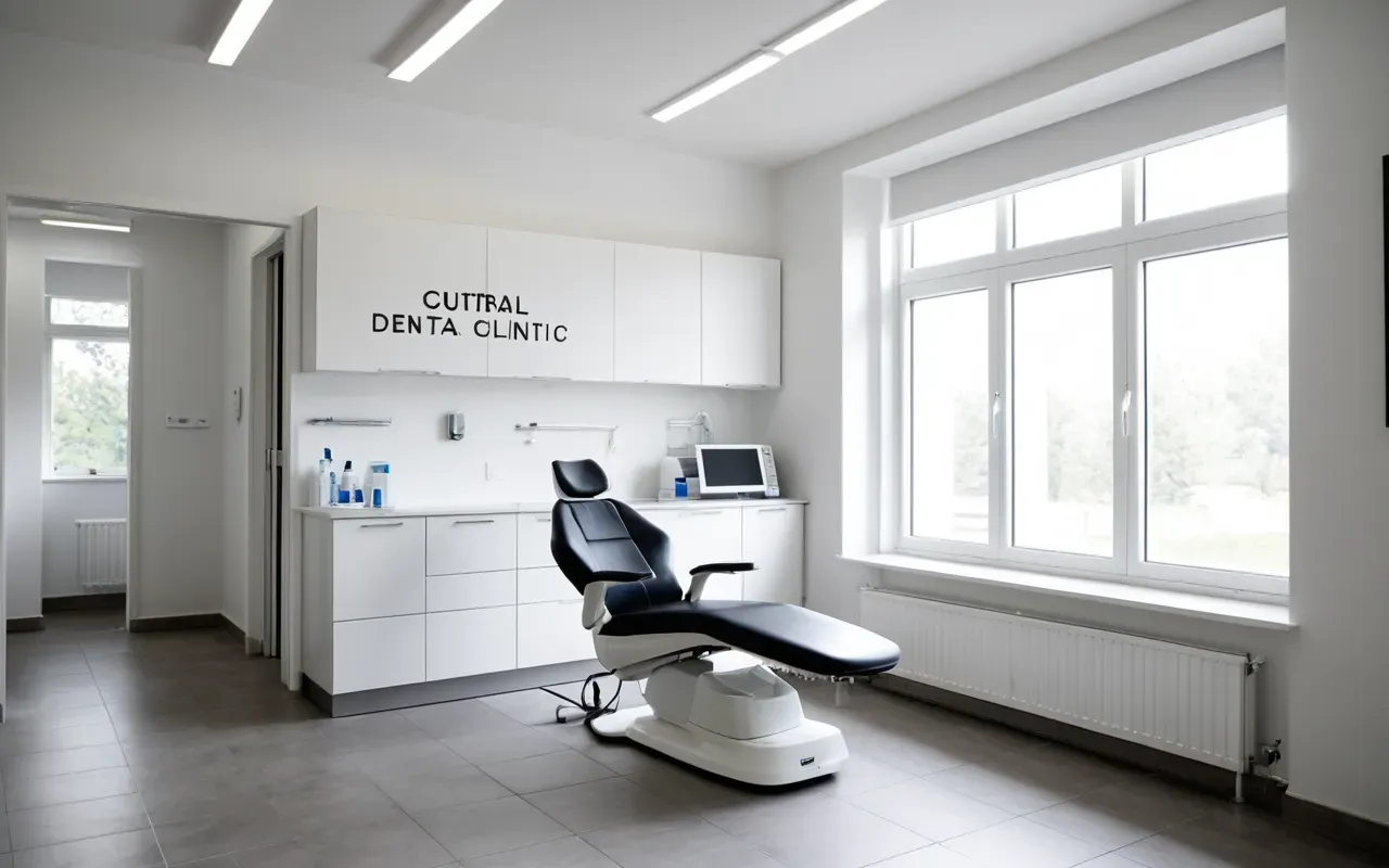 Wide shot of a modern minimalist dental clinic interior with clean white walls and soft natural daylight from large windows, editorial photography style without any visible text or signage in the scene.