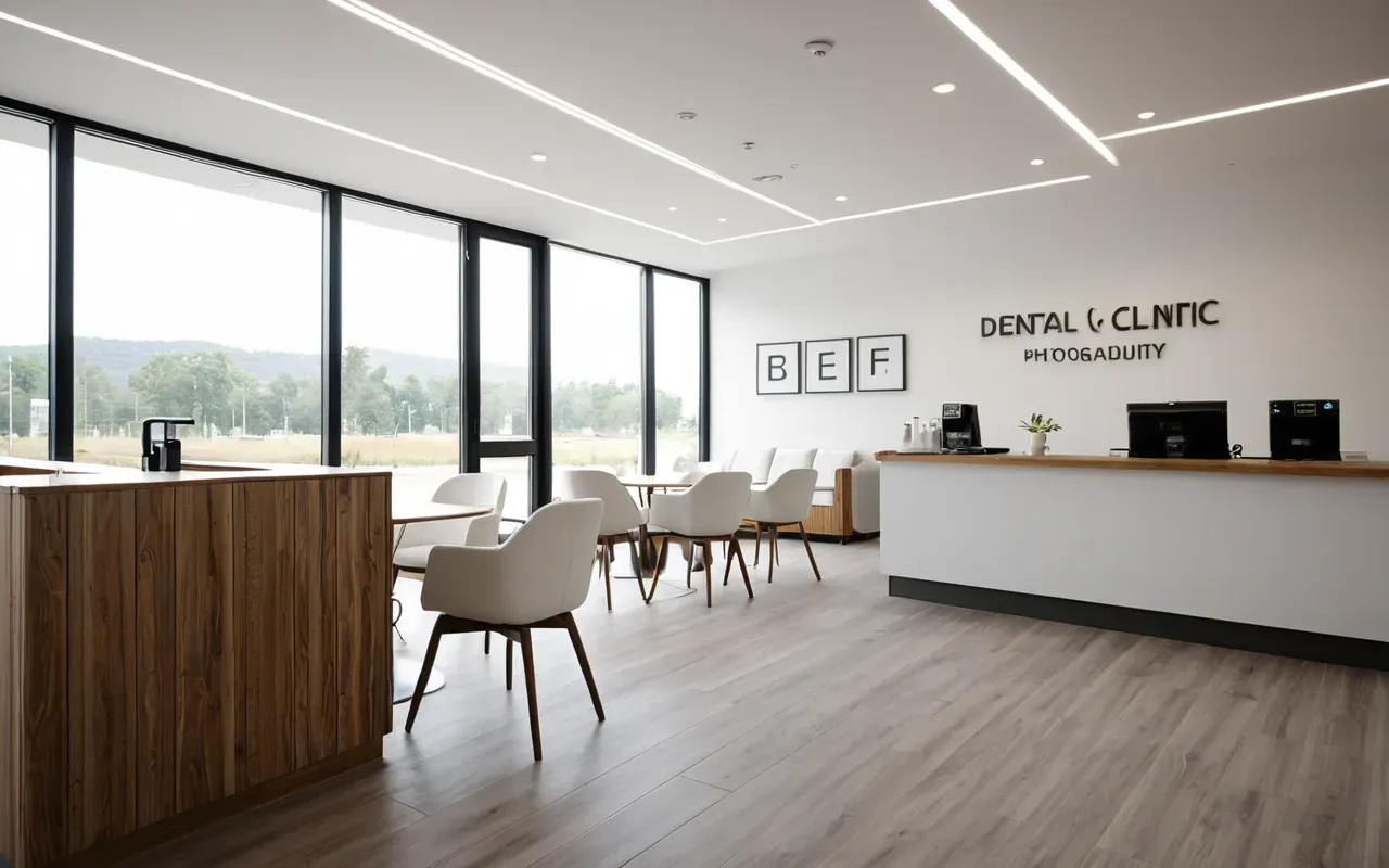 Wide shot of a modern minimalist dental clinic reception area with warm wooden accents, soft natural daylight from large windows, and clean white chairs arranged neatly in a spacious room.