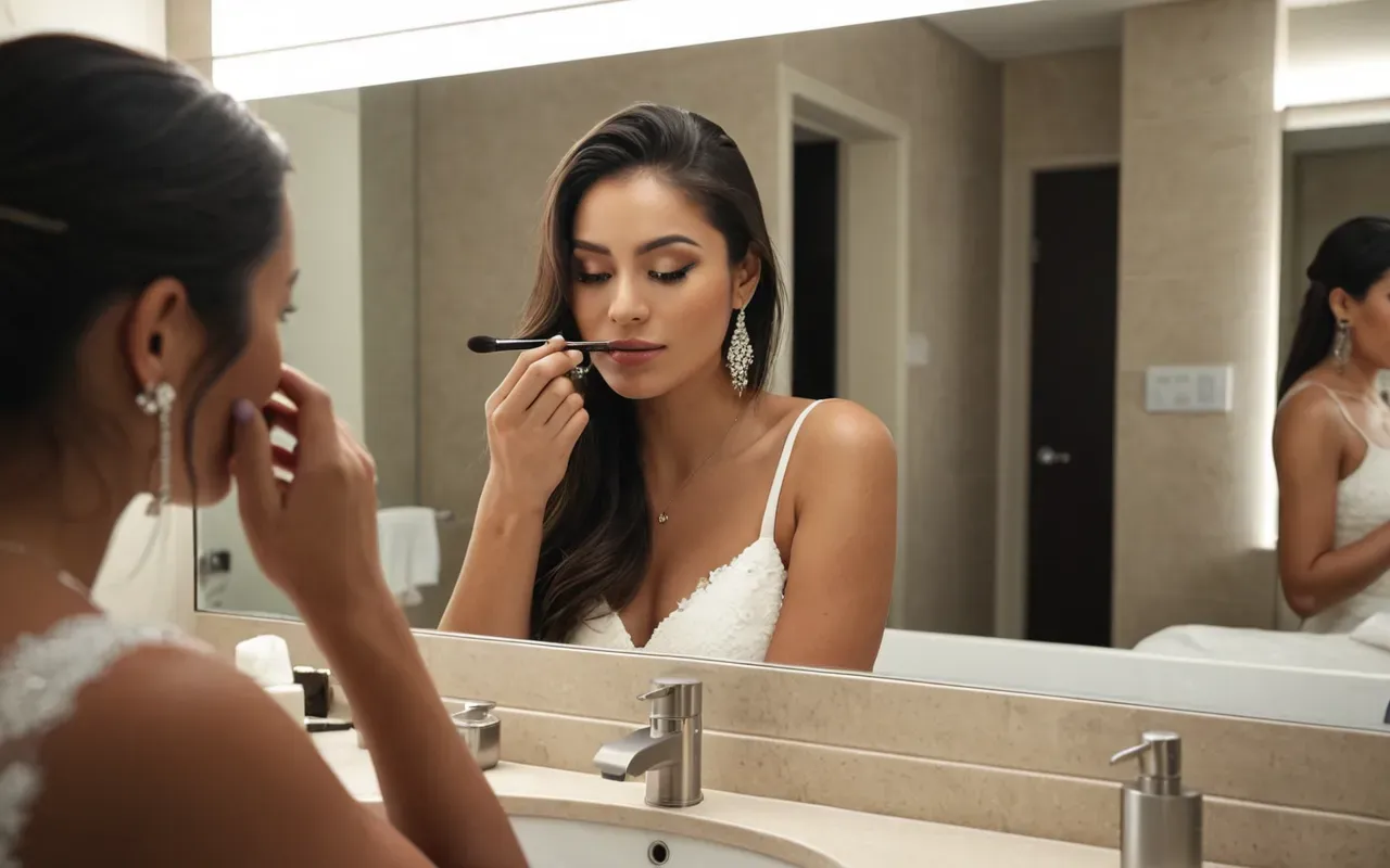 A bride adjusting her makeup in a bright modern hotel bathroom mirror with soft lighting and no text visible.