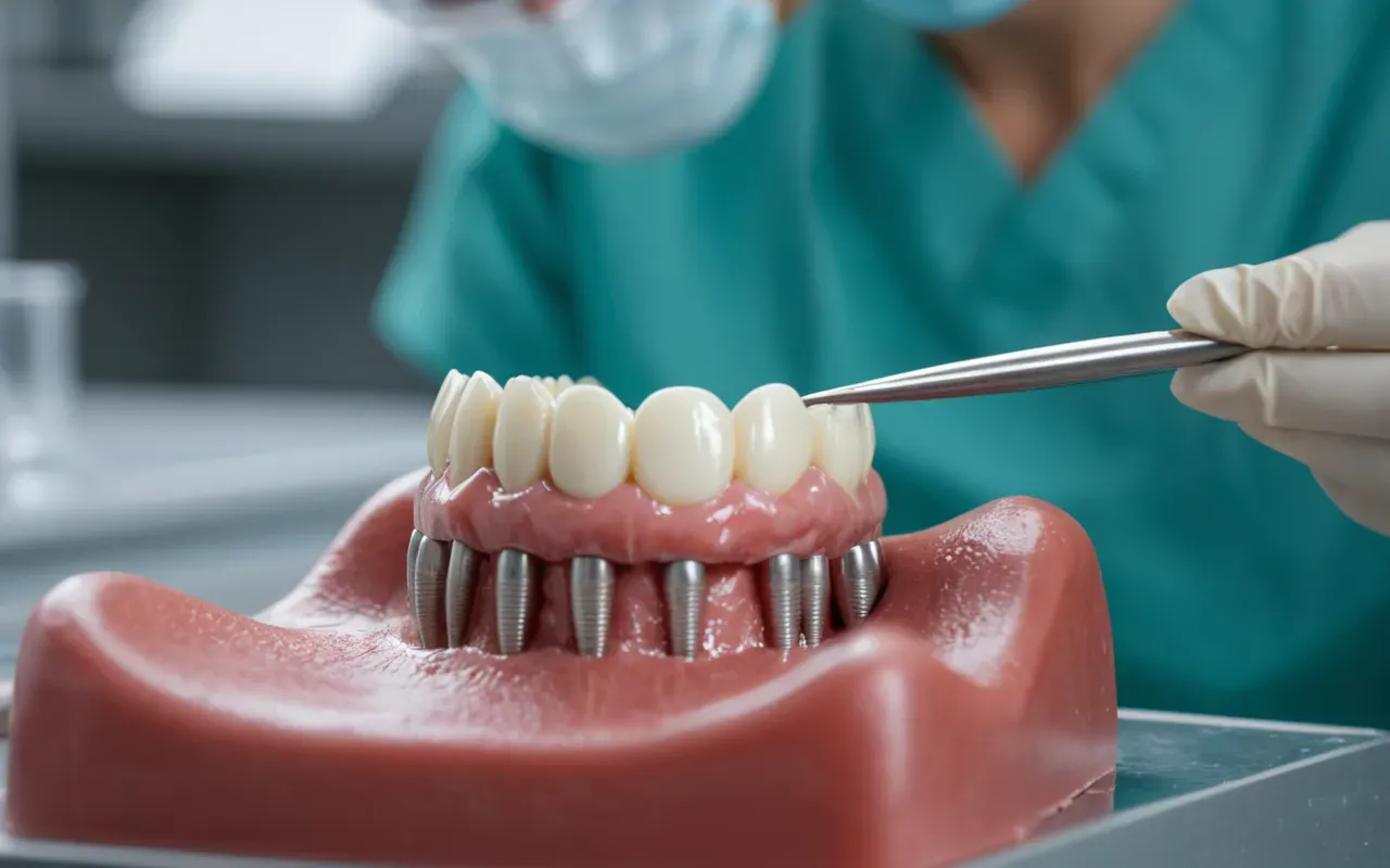 A close up of a dental veneer being placed on a tooth model in a laboratory setting with sterile gloves and tools visible but no text.