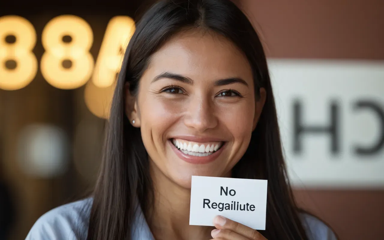 gülüş estetiği̇i̇ A close-up of a smiling patient showing white teeth. The background is softly blurred with warm lighting.