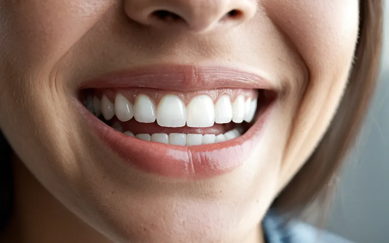 sağlıklı gülüş örneği A close up view of a bright and healthy smile showing white teeth with no visible dental work against a soft neutral background highlighting natural beauty.