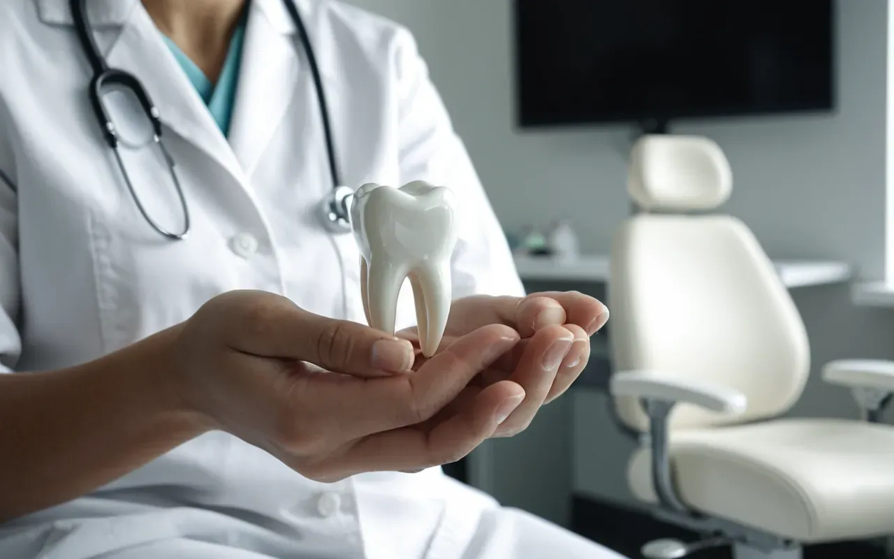 A close-up view of a dental clinic interior with modern white chairs and a dentist's hands holding a small white ceramic tooth model, soft natural lighting from a window, clean and sterile atmosphere, no text or logos visible.